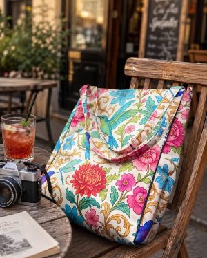 Torebka damska Shopper Bag PROPS Biała z niebieskim kolibrem